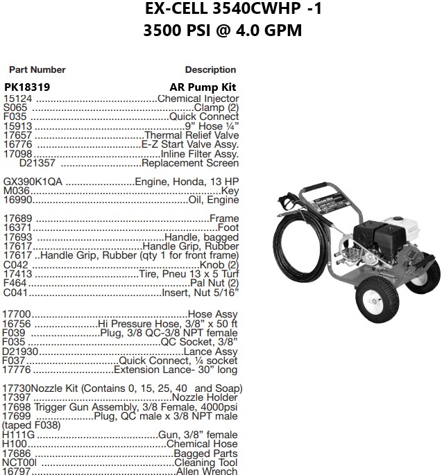 DEVILBISS model 3540CWHP-1 power washer parts